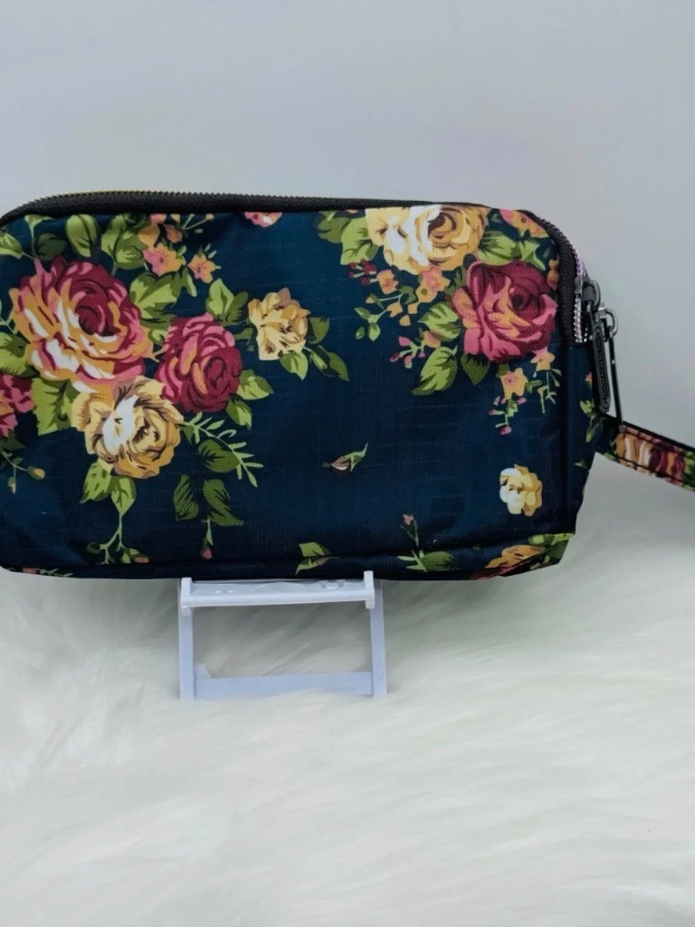 Floral Print Navy Blue Base Small Purse or Makeup Cosmetic Wristlet